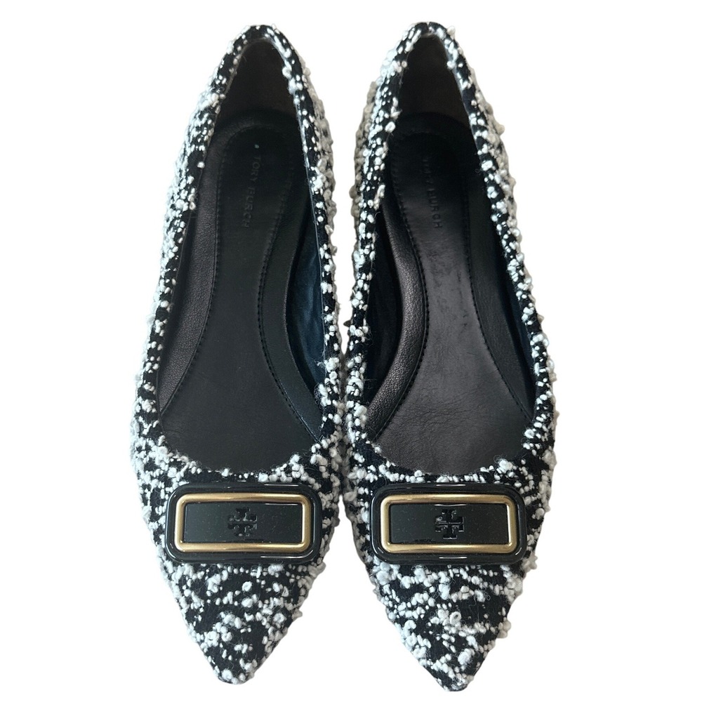 Tory Burch Georgia Boucle Tweed Pointed Toe Flats Black White 9.5